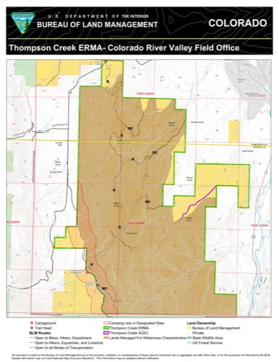 Map of Thompson Creek Extensive Recreation Management Area (ERMA) southwest of Carbondale in the Colorado River Valley Field Office area. Published by the Bureau of Land Management (BLM).
