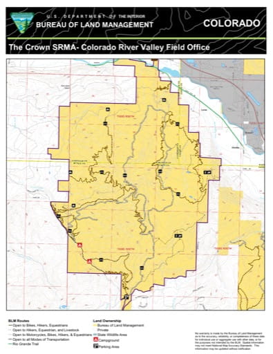 Map of The Crown Special Recreation Management Area (SRMA) near Carbondale in the Colorado River Valley Field Office area. Published by the Bureau of Land Management (BLM).