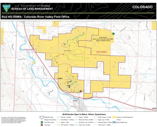 Map of Red Hill Special Recreation Management Area (SRMA) north of Carbondale in the Colorado River Valley Field Office area. Published by the Bureau of Land Management (BLM).