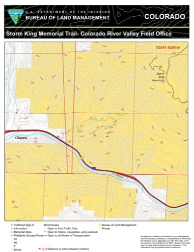 Map of Storm King Memorial Trail near Chacra in the Colorado River Valley Field Office area. Published by the Bureau of Land Management (BLM).