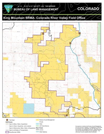 Map of King Mountain Special Recreation Management Area (SRMA) in the Colorado River Valley Field Office area. Published by the Bureau of Land Management (BLM).