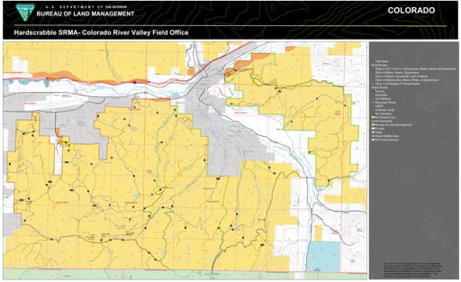 Map of Hardscrabble Special Recreation Management Area (SRMA) located between Gypsum and Eagle in the Colorado River Valley Field Office area. Published by the Bureau of Land Management (BLM).