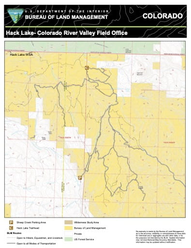 Map of Hack Lake Trail System in the Colorado River Valley Field Office area. Published by the Bureau of Land Management (BLM).