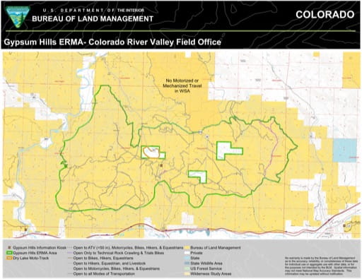 Map of Gypsum Hills Extensive Recreation Management Area (ERMA) in the Colorado River Valley Field Office area. Published by the Bureau of Land Management (BLM).