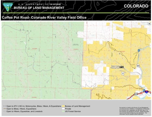 Map of Deep Creek Recreation Area (RA) and Coffee Pot Road in the Colorado River Valley Field Office area. Published by the Bureau of Land Management (BLM).