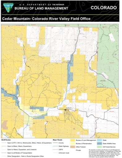 Map of Cedar Mountain and Dry Rifle Creek north of Rifle Gap Reservoir in the Colorado River Valley Field Office area. Published by the Bureau of Land Management (BLM).