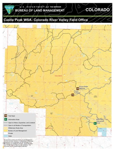 Map of Castle Peak Wilderness Study Area (WSA) in the Colorado River Valley Field Office area. Published by the Bureau of Land Management (BLM).