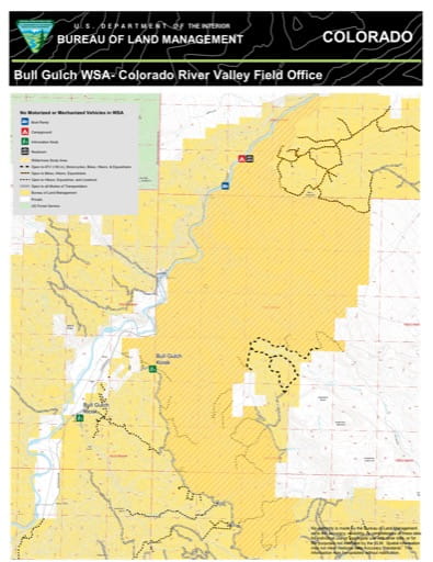 Map of Bull Gulch Wilderness Study Area in the Colorado River Valley Field Office area. Published by the Bureau of Land Management (BLM).