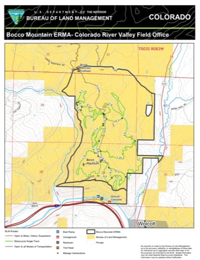 Map of Bocco Mountain Extensive Recreation Management Area (ERMA) in the Colorado River Valley Field Office area. Published by the Bureau of Land Management (BLM).
