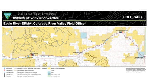 Map of Eagle River Extensive Recreation Management Area (ERMA) near Gypsum in the Colorado River Valley Field Office area. Published by the Bureau of Land Management (BLM).