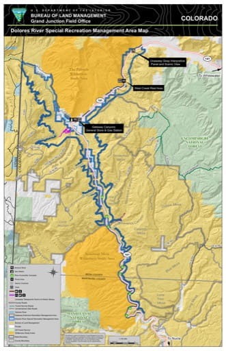 Map of the Dolores River Special Recreation Management Area (SRMA) in the BLM Grand Junction Field Office area in Colorado. Published by the Bureau of Land Management (BLM).