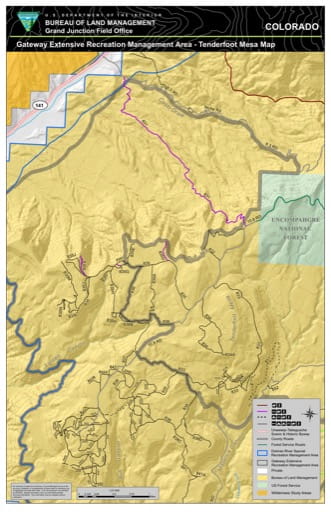 Map of Tenderfoot Mesa in the Gateway Extensive Recreation Management Area (ERMA) in the BLM Grand Junction Field Office area in Colorado. Published by the Bureau of Land Management (BLM).