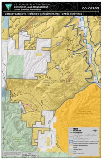 Map of Sinbad Valley in the Gateway Extensive Recreation Management Area (ERMA) in the BLM Grand Junction Field Office area in Colorado. Published by the Bureau of Land Management (BLM).