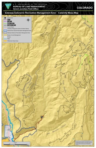 Map of Calamity Mesa in the Gateway Extensive Recreation Management Area (ERMA) in the BLM Grand Junction Field Office area in Colorado. Published by the Bureau of Land Management (BLM).