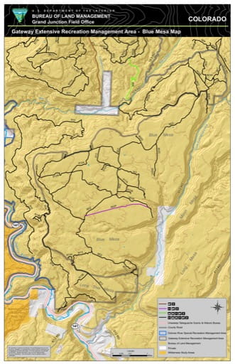 Map of Blue Mesa in the Gateway Extensive Recreation Management Area (ERMA) in the BLM Grand Junction Field Office area in Colorado. Published by the Bureau of Land Management (BLM).