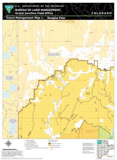 Travel Management Map 1: Douglas Pass of the BLM Grand Junction Field Office (FO) area in Colorado. Published by the Bureau of Land Management (BLM).