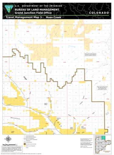 Travel Management Map 3: Roan Creek of the BLM Grand Junction Field Office (FO) area in Colorado. Published by the Bureau of Land Management (BLM).
