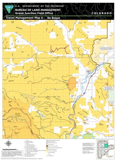 Travel Management Map 6: De Beque of the BLM Grand Junction Field Office (FO) area in Colorado. Published by the Bureau of Land Management (BLM).