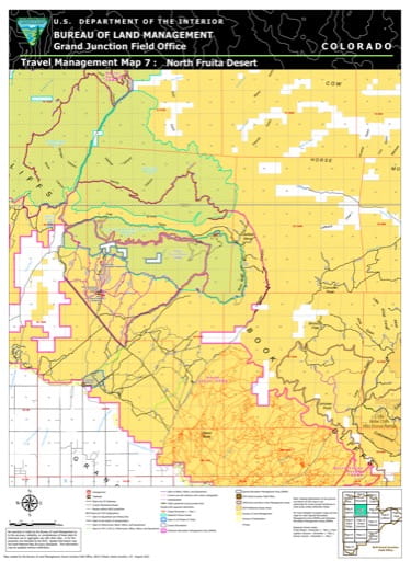 Travel Management Map 7: North Fruita Desert of the BLM Grand Junction Field Office (FO) area in Colorado. Published by the Bureau of Land Management (BLM).