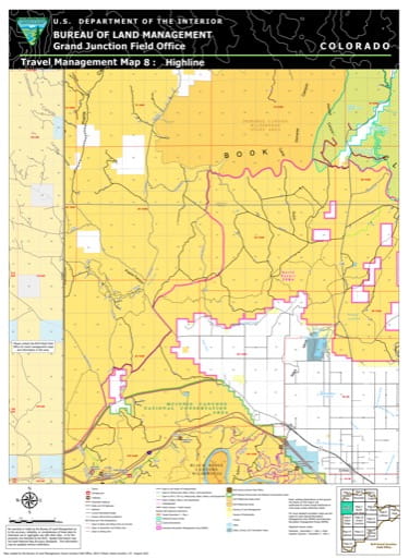 Travel Management Map 8: Highline of the BLM Grand Junction Field Office (FO) area in Colorado. Published by the Bureau of Land Management (BLM).
