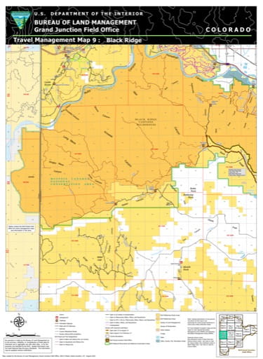 Travel Management Map 9: Black Ridge of the BLM Grand Junction Field Office (FO) area in Colorado. Published by the Bureau of Land Management (BLM).