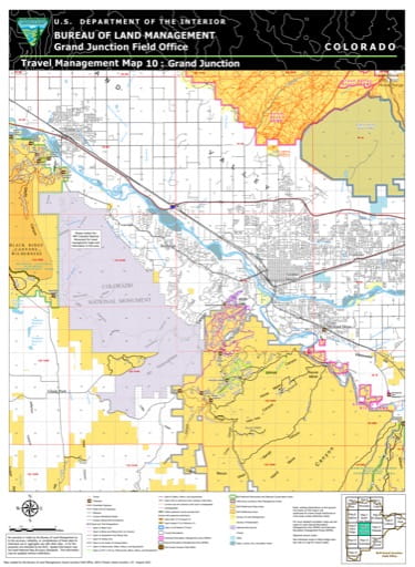 Travel Management Map 10: Grand Junction of the BLM Grand Junction Field Office (FO) area in Colorado. Published by the Bureau of Land Management (BLM).