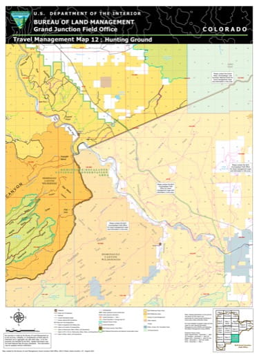 Travel Management Map 12: Hunting Ground of the BLM Grand Junction Field Office (FO) area in Colorado. Published by the Bureau of Land Management (BLM).