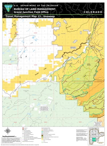 Travel Management Map 13: Unaweep of the BLM Grand Junction Field Office (FO) area in Colorado. Published by the Bureau of Land Management (BLM).