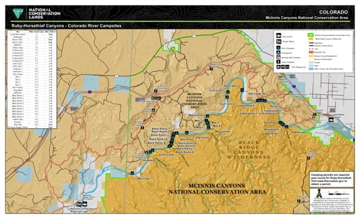 Map of Colorado River Campsites in Ruby-Horsethief Canyons in McInnis National Conservation Area (NCA) in Colorado. Published by the Bureau of Land Management (BLM).