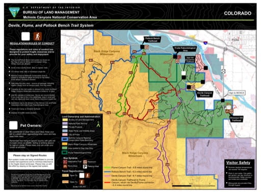 Trails Map of Devils, Flume and Pollock Bench Trails at the McInnis National Conservation Area (NCA) in Colorado. Published by the Bureau of Landmanagement (BLM).