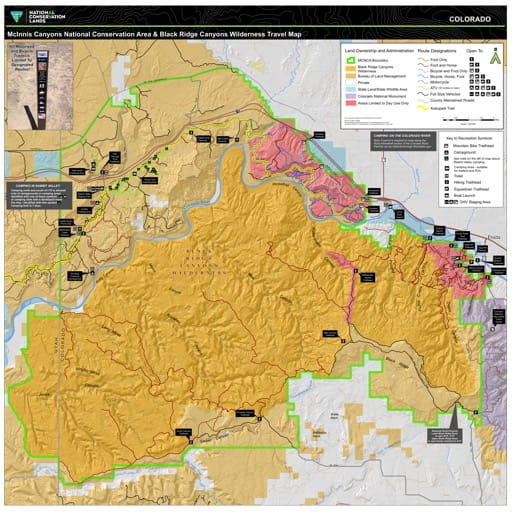 Travel Map of the McInnis Canyons National Conservation Area (NCA) in Colorado. Published by the Bureau of Landmanagement (BLM).