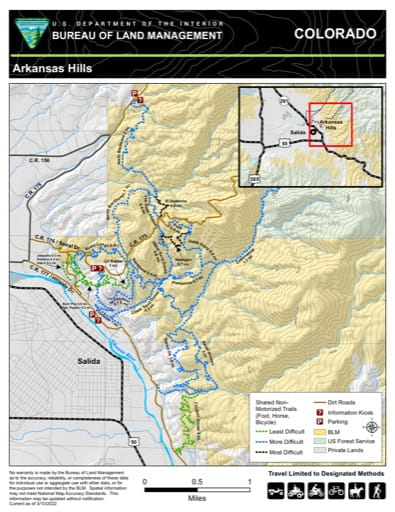 Recreation Map of Arkansas Hills in the BLM Royal Gorge Field Office (FO) area in Colorado. Published by the Bureau of Land Management (BLM).