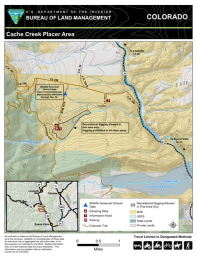Recreation Map of Cache Creek Placer Area in the BLM Royal Gorge Field Office (FO) area in Colorado. Published by the Bureau of Land Management (BLM).