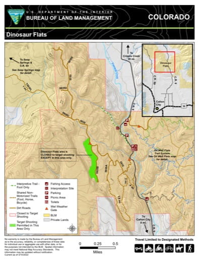 Recreation Map of Dinosaur Flats in the BLM Royal Gorge Field Office (FO) area in Colorado. Published by the Bureau of Land Management (BLM).