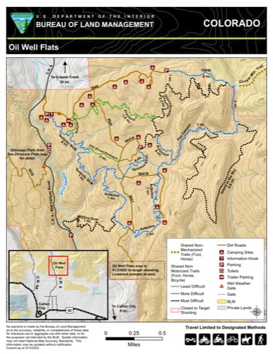 Recreation Map of Oil Well Flats in the BLM Royal Gorge Field Office (FO) area in Colorado. Published by the Bureau of Land Management (BLM).