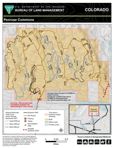 Recreation Map of Penrose Commons in the BLM Royal Gorge Field Office (FO) area in Colorado. Published by the Bureau of Landmanagement (BLM).