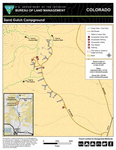 Recreation Map of Sand Gulch Campground in the BLM Royal Gorge Field Office (FO) area in Colorado. Published by the Bureau of Landmanagement (BLM).
