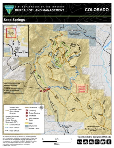 Recreation Map of Seep Springs in the BLM Royal Gorge Field Office (FO) area in Colorado. Published by the Bureau of Landmanagement (BLM).