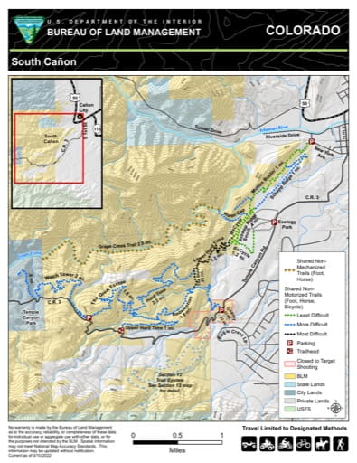 Recreation Map of South Cañon in the BLM Royal Gorge Field Office (FO) area in Colorado. Published by the Bureau of Land Management (BLM).
