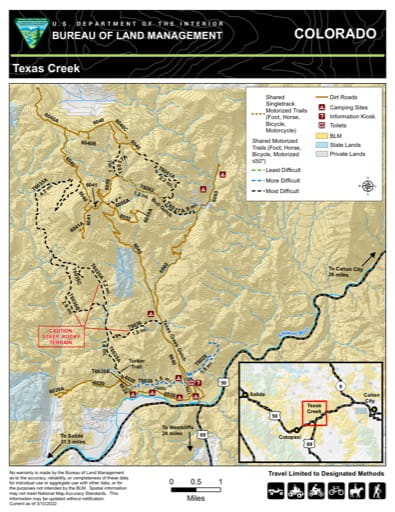 Recreation Map of Texas Creek in the BLM Royal Gorge Field Office (FO) area in Colorado. Published by the Bureau of Land Management (BLM).