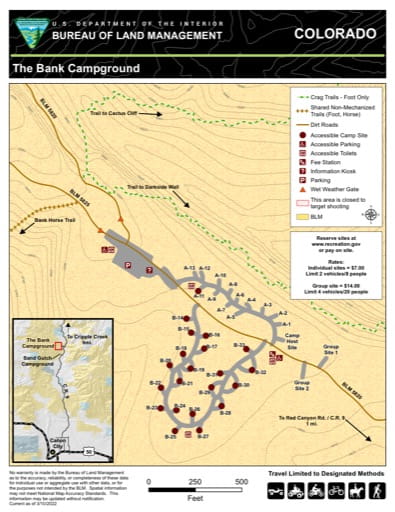 Recreation Map of The Bank Campground in the BLM Royal Gorge Field Office (FO) area in Colorado. Published by the Bureau of Landmanagement (BLM).