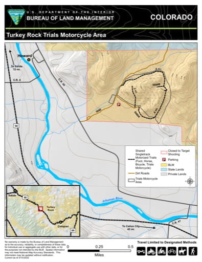 Map of Turkey Rock Trails Motorcycle Area in the BLM Royal Gorge Field Office (FO) area in Colorado. Published by the Bureau of Landmanagement (BLM).
