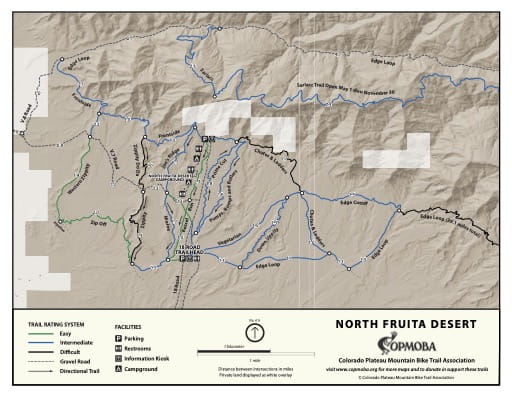 Map of the North Fruita Desert Mountain Bike Trail System near Grand Junction, Colorado. Published by the Colorado Plateau Mountain Bike Trail Association (COPMOBA).