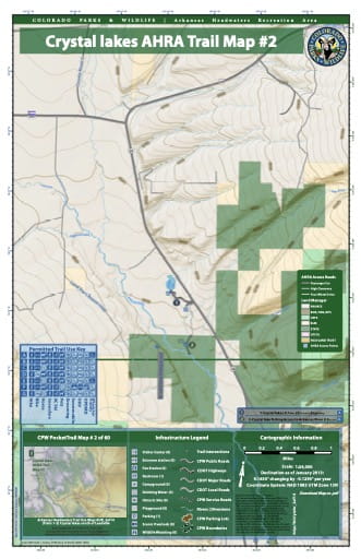 CPW Pocket Trail Map #2: Trails Map of Crystal Lakes South of Leadville in the Arkansas Headwaters Recreation Area (RA) in Colorado. Published by Colorado Parks & Wildlife.