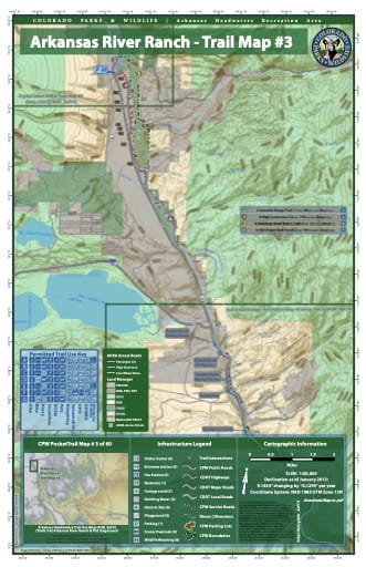 CPW Pocket Trail Map #3: Trails Map of Arkansas River Ranch & Old Stagecoach in the Arkansas Headwaters Recreation Area (RA) in Colorado. Published by Colorado Parks & Wildlife.