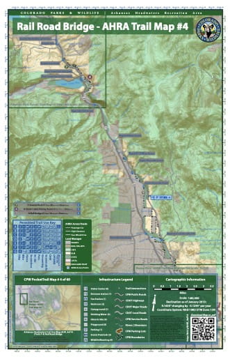 CPW Pocket Trail Map #4: Trails Map of the Rail Road Bridge area in the Arkansas Headwaters Recreation Area (RA) in Colorado. Published by Colorado Parks & Wildlife.