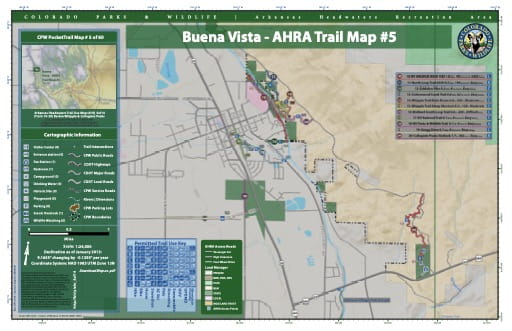 CPW Pocket Trail Map #5: Trails Map of Barbra Whipple & Collegiate Peaks Trails near Buena Vista in the Arkansas Headwaters Recreation Area (RA) in Colorado. Published by Colorado Parks & Wildlife.