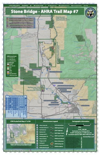 CPW Pocket Trail Map #7: Trails and Overview Map of Stone Bridge / North of Salida area in the Arkansas Headwaters Recreation Area (RA) in Colorado. Published by Colorado Parks & Wildlife.