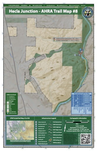 CPW Pocket Trail Map #8: Trails Map of Hecla Junction & Siedel's Suckhole areas in the Arkansas Headwaters Recreation Area (RA) in Colorado. Published by Colorado Parks & Wildlife.