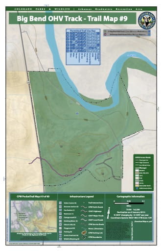 CPW Pocket Trail Map #9: Big Bed Off-Highway Vehicle (OHV) Tracks Map in the Arkansas Headwaters Recreation Area (RA) in Colorado. Published by Colorado Parks & Wildlife.